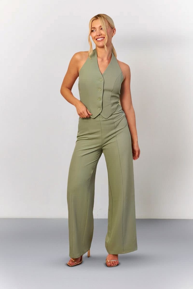 In The Style In The Style Women's Tailored Halterneck Waistcoat Wide Leg Jumpsuit in Green