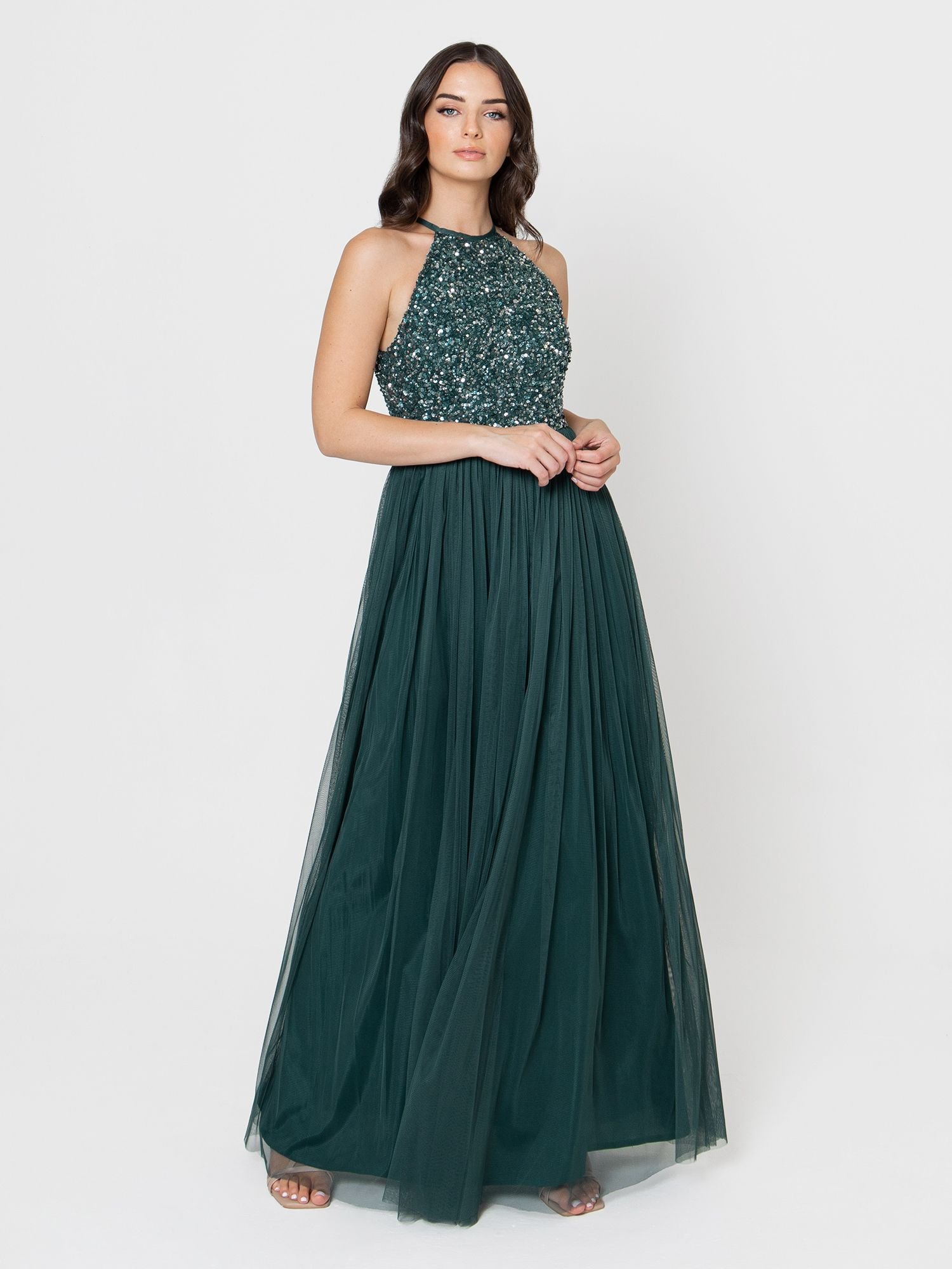 Maya Deluxe Maya Deluxe Women's Embellished Halter Neck Maxi Dress in Emerald - 2