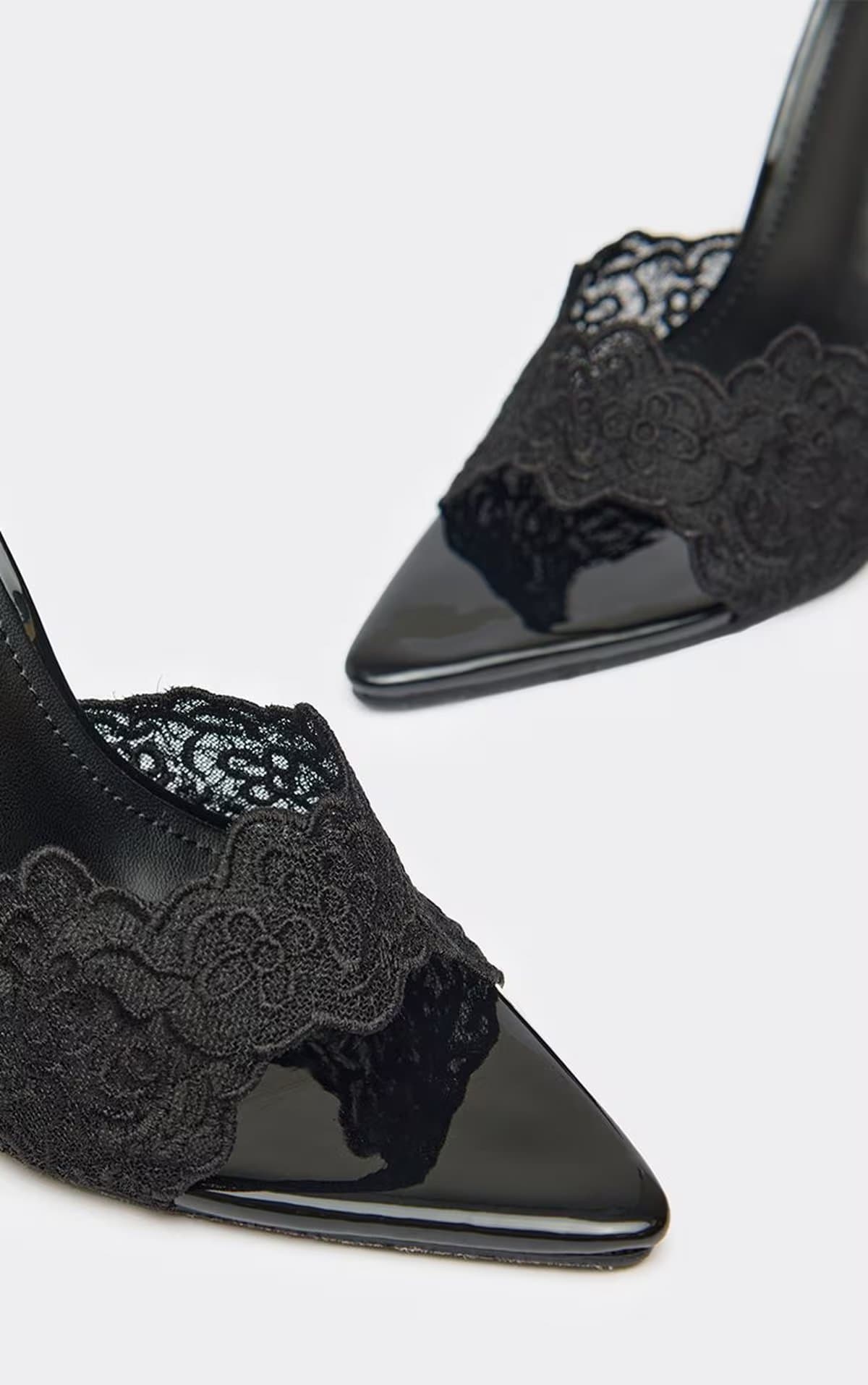 EGO Ozzie Lace Strap Pointed Peep Toe Stiletto Heeled Mule In Black Patent, Women's Size UK 3