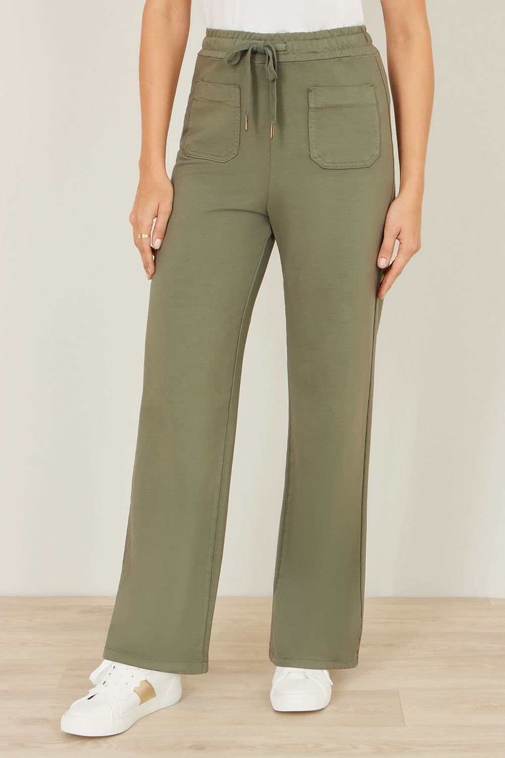 Yumi Yumi Women's Khaki Relaxed Stretch Wide Leg Trousers With Pockets