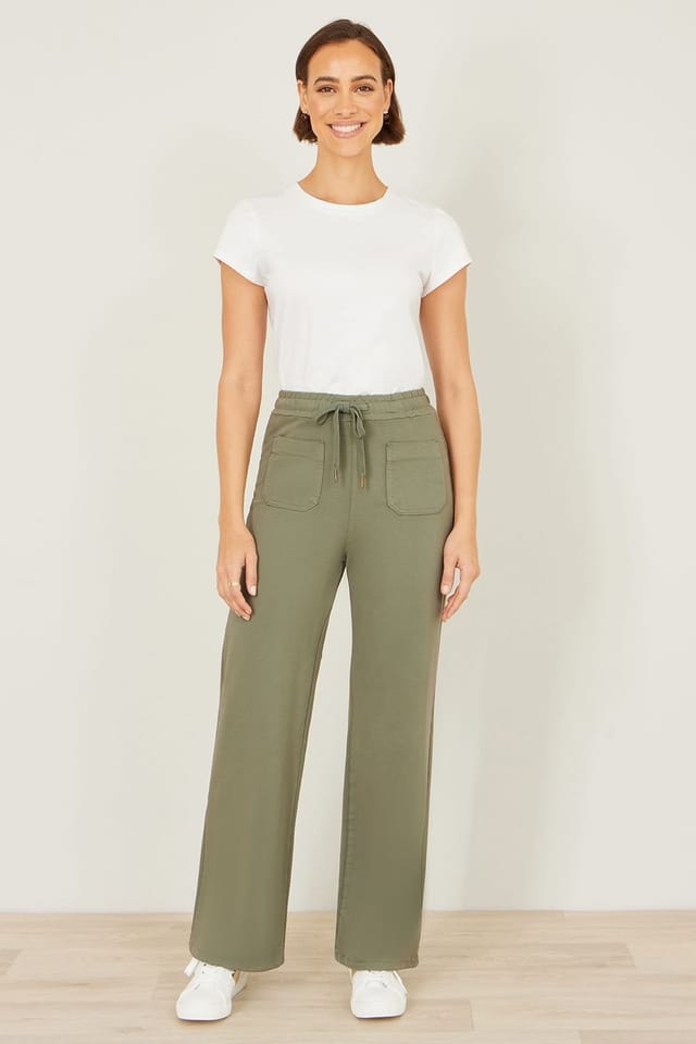 Yumi Yumi Women's Khaki Relaxed Stretch Wide Leg Trousers With Pockets - 2