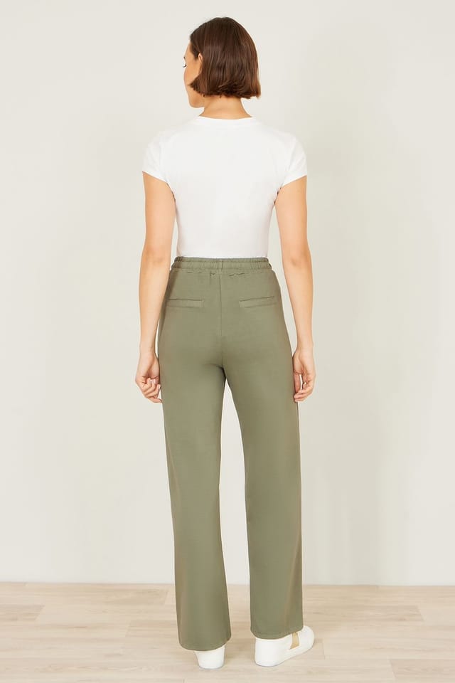 Yumi Yumi Women's Khaki Relaxed Stretch Wide Leg Trousers With Pockets - 3