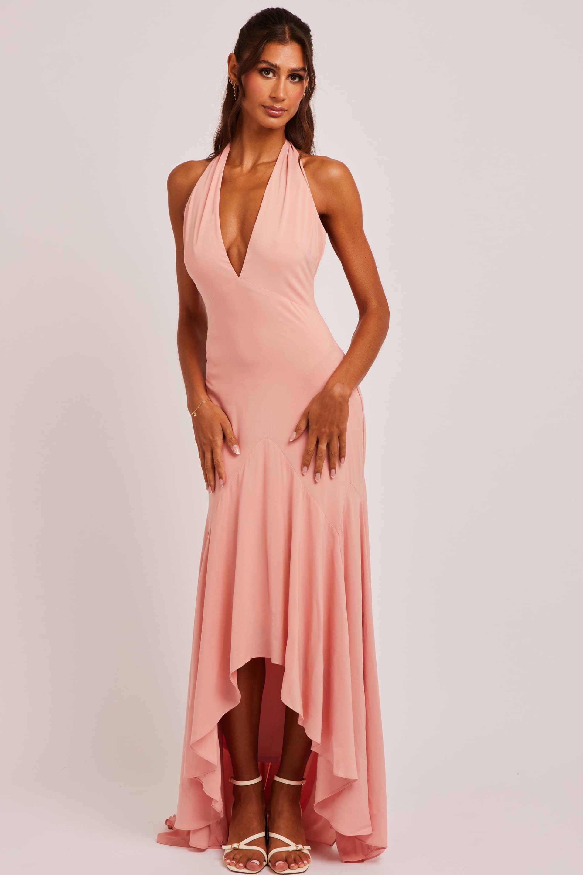 Jaded Rose Jaded Rose Women's Liliana Pink Plunge Halter Godet Maxi Dress in Dusty Pink