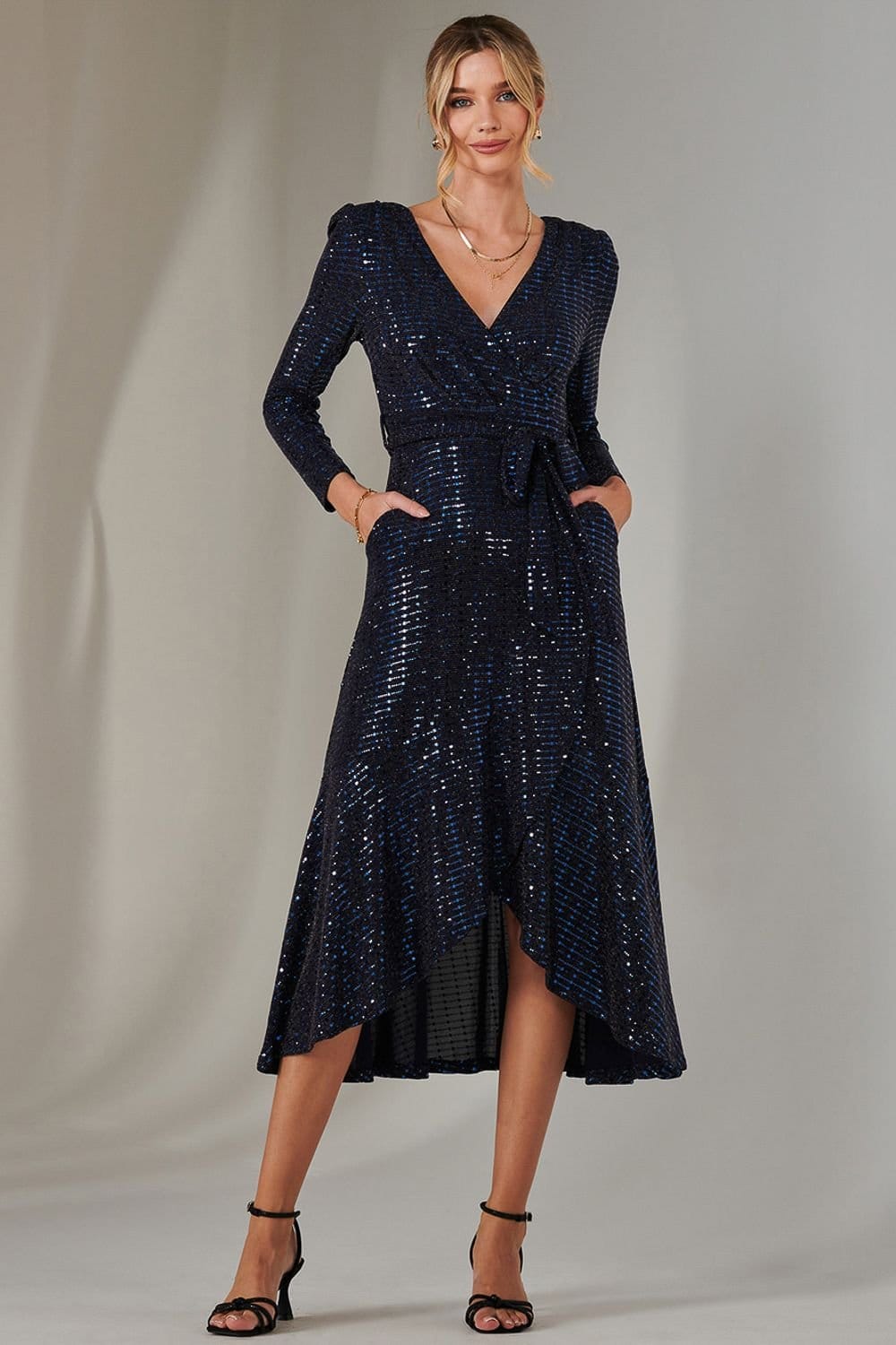 Jolie Moi Jolie Moi Women's Long Sleeve Metallic Spot Maxi Dress in Navy - 4