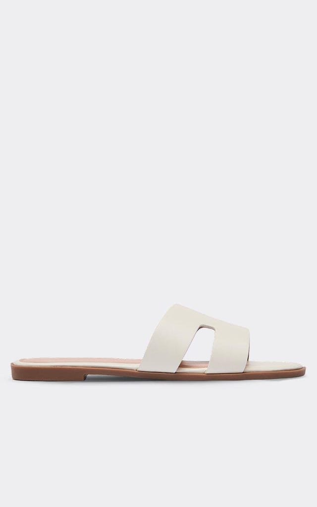 EGO Simone Cut Out Flat Slider Sandal In White Faux Leather, Women's Size UK 3 - 2
