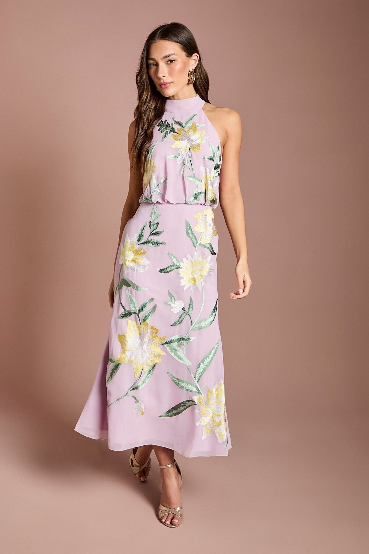 Coast Lilac Floral Embroidered High Neck Midi Dress