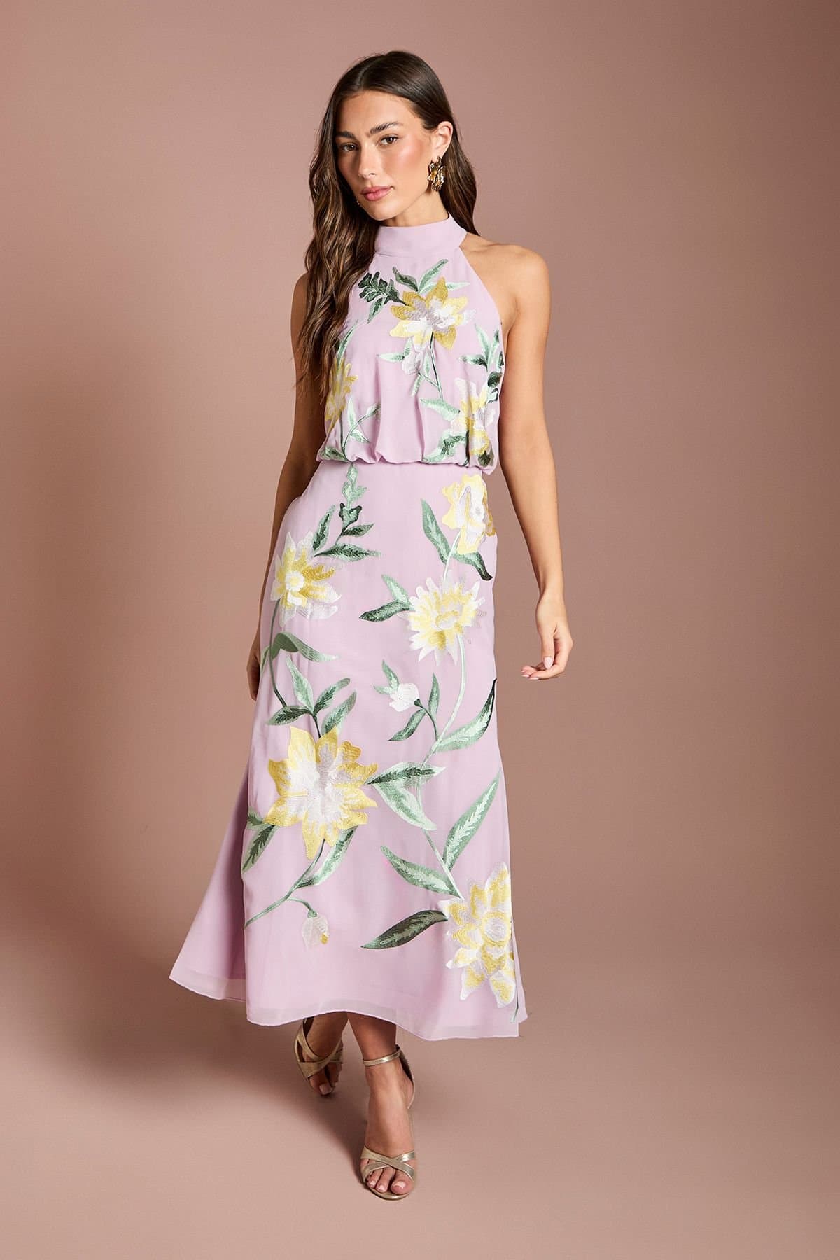 Coast Coast Women's High Neck Midi Dress With Floral Embroidery in Lilac