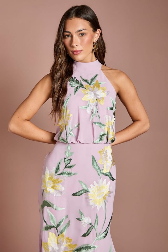 Coast Coast Women's High Neck Midi Dress With Floral Embroidery in Lilac - 2