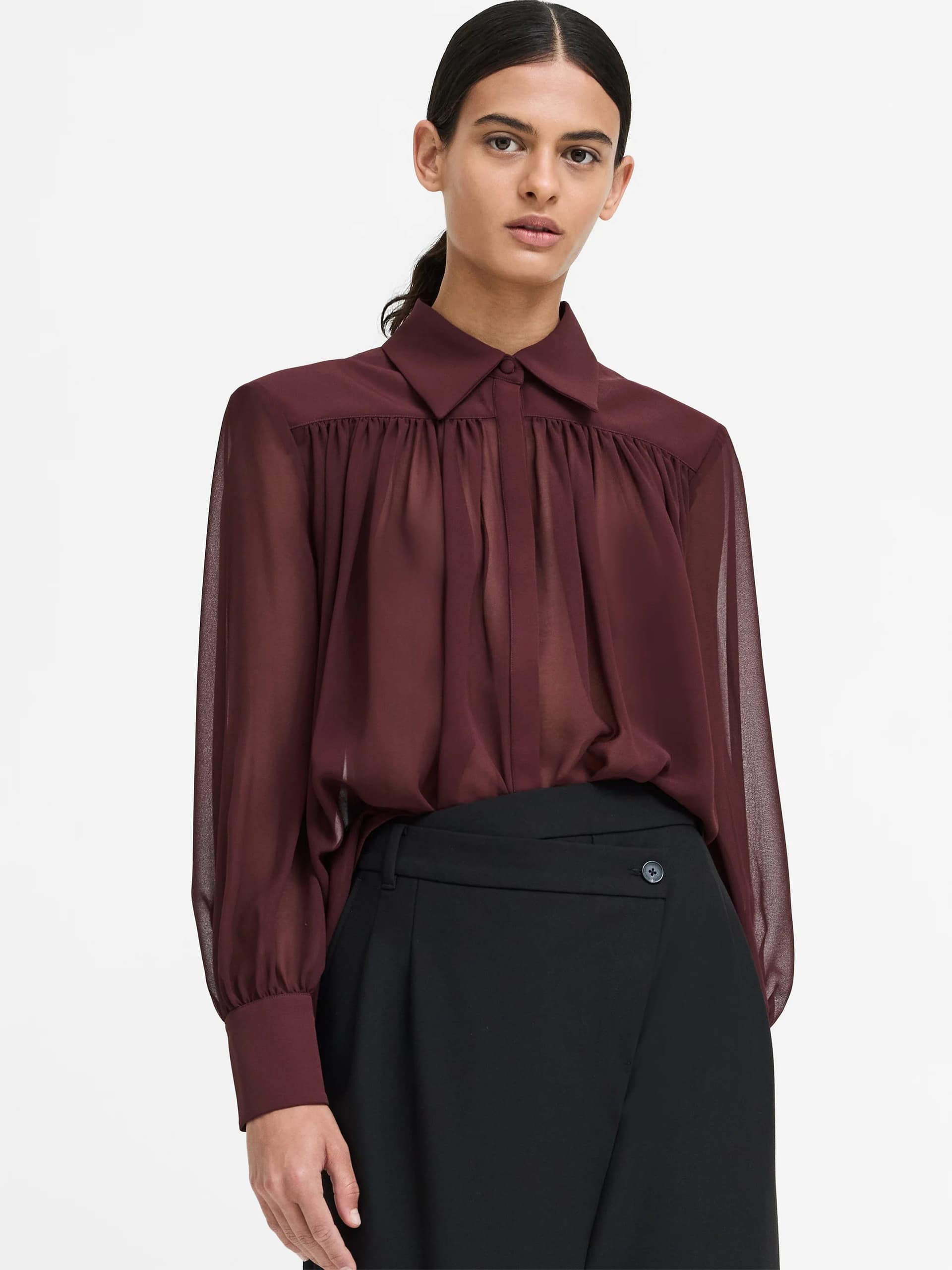 French Connection Arezzo Burgundy Sheer Wide Shoulder Shirt Cherry Liqueur