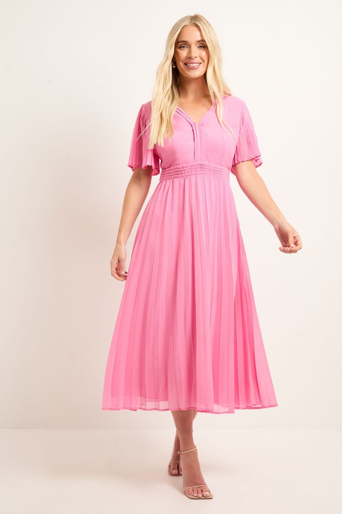 Wallis Wallis Women's Petite Chiffon Pleated Sleeve Midi Dress in Pink