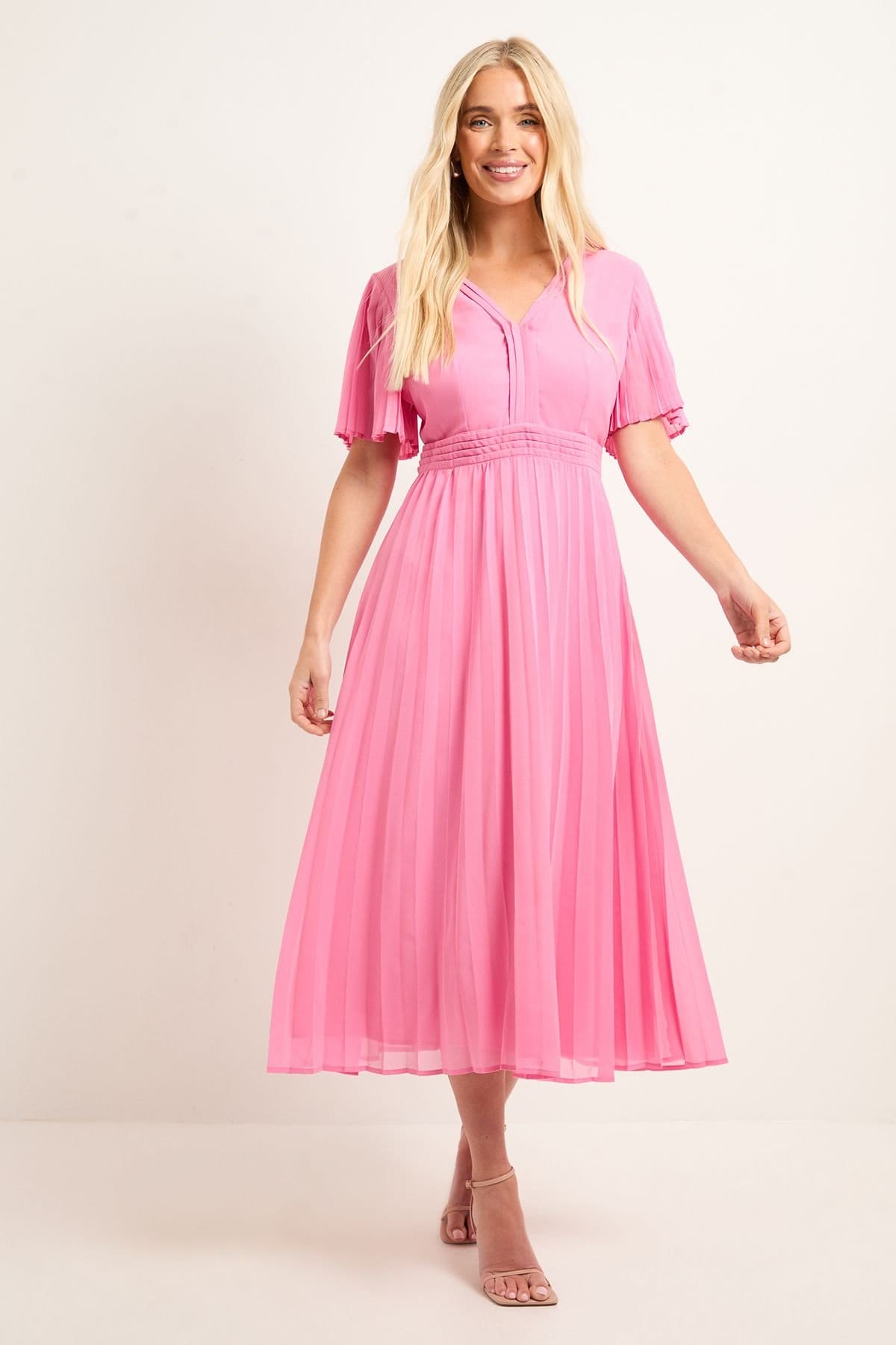 Wallis Wallis Women's Petite Chiffon Pleated Sleeve Midi Dress in Pink - 1