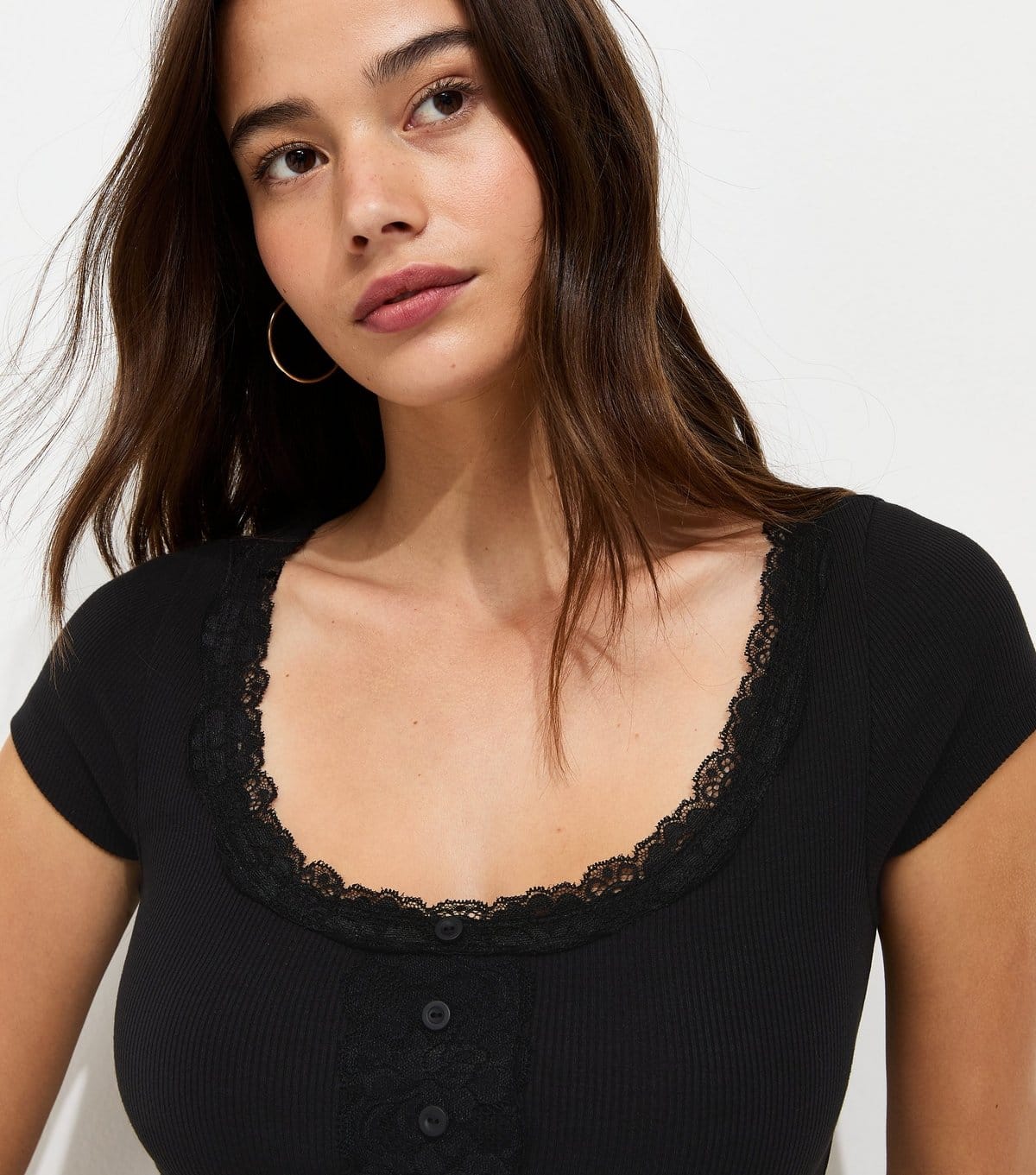 Women's Black Cotton Rich Rib Lace Trim Henley T-Shirt New Look