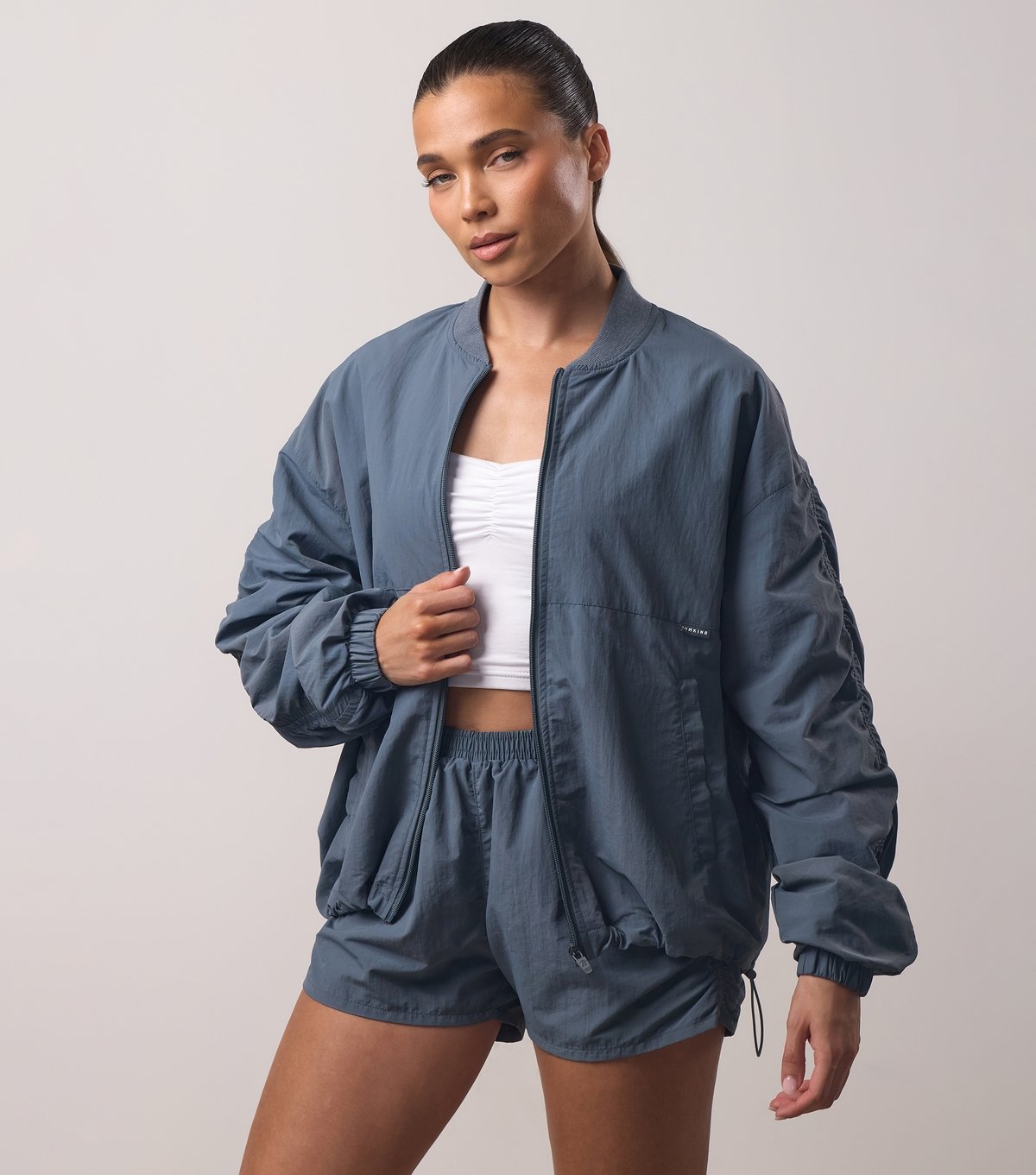 Gym King Women's Blue Ruched Bomber Jacket Gym King New Look - 1