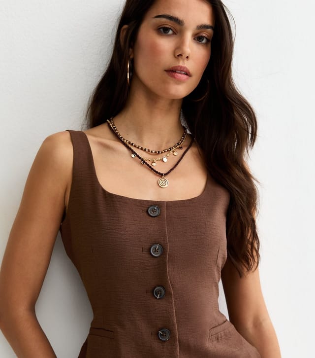 New Look Women's Dark Brown Scoop Neck Button Up Waistcoat New Look - 2
