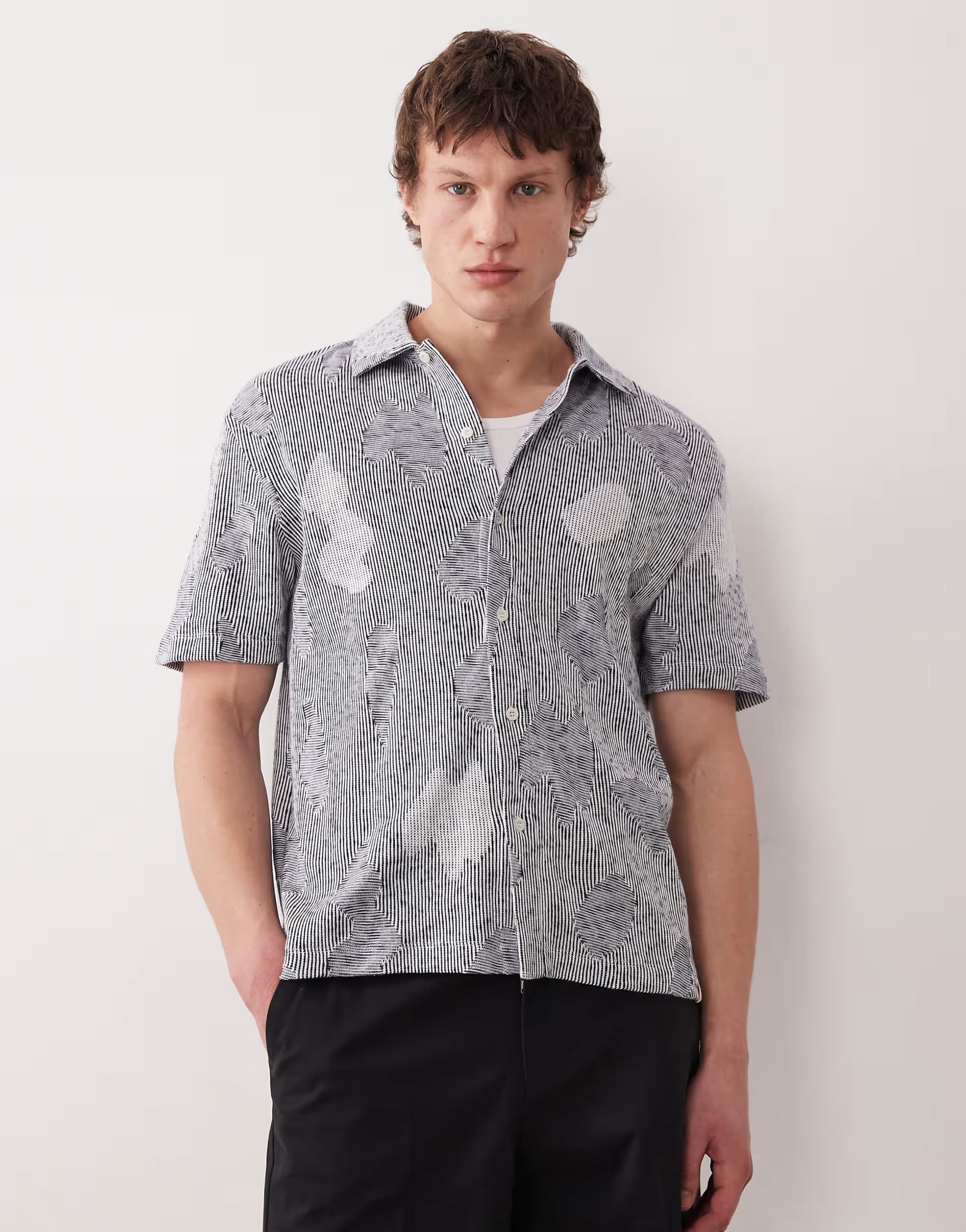 ASOS Farah Stoker short sleeve jacquard knit shirt in grey