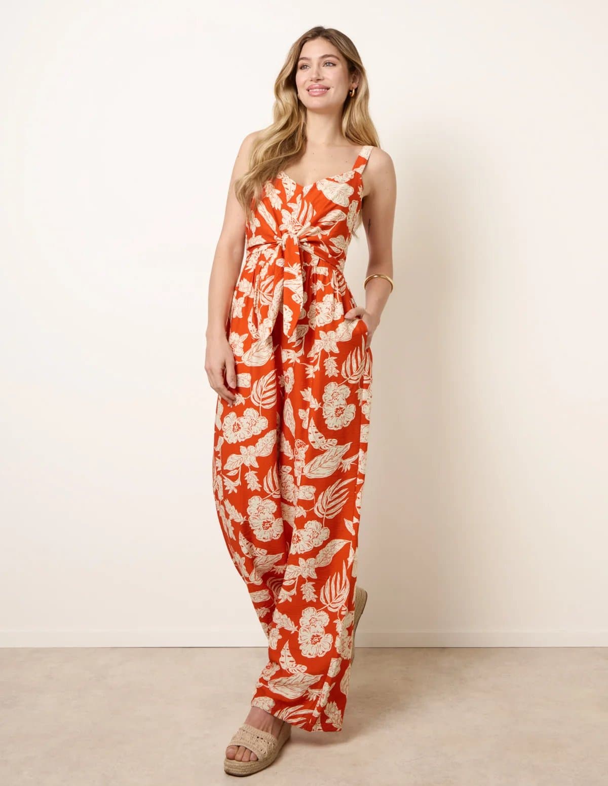 Blue Vanilla Tropical Tie Front Jumpsuit
