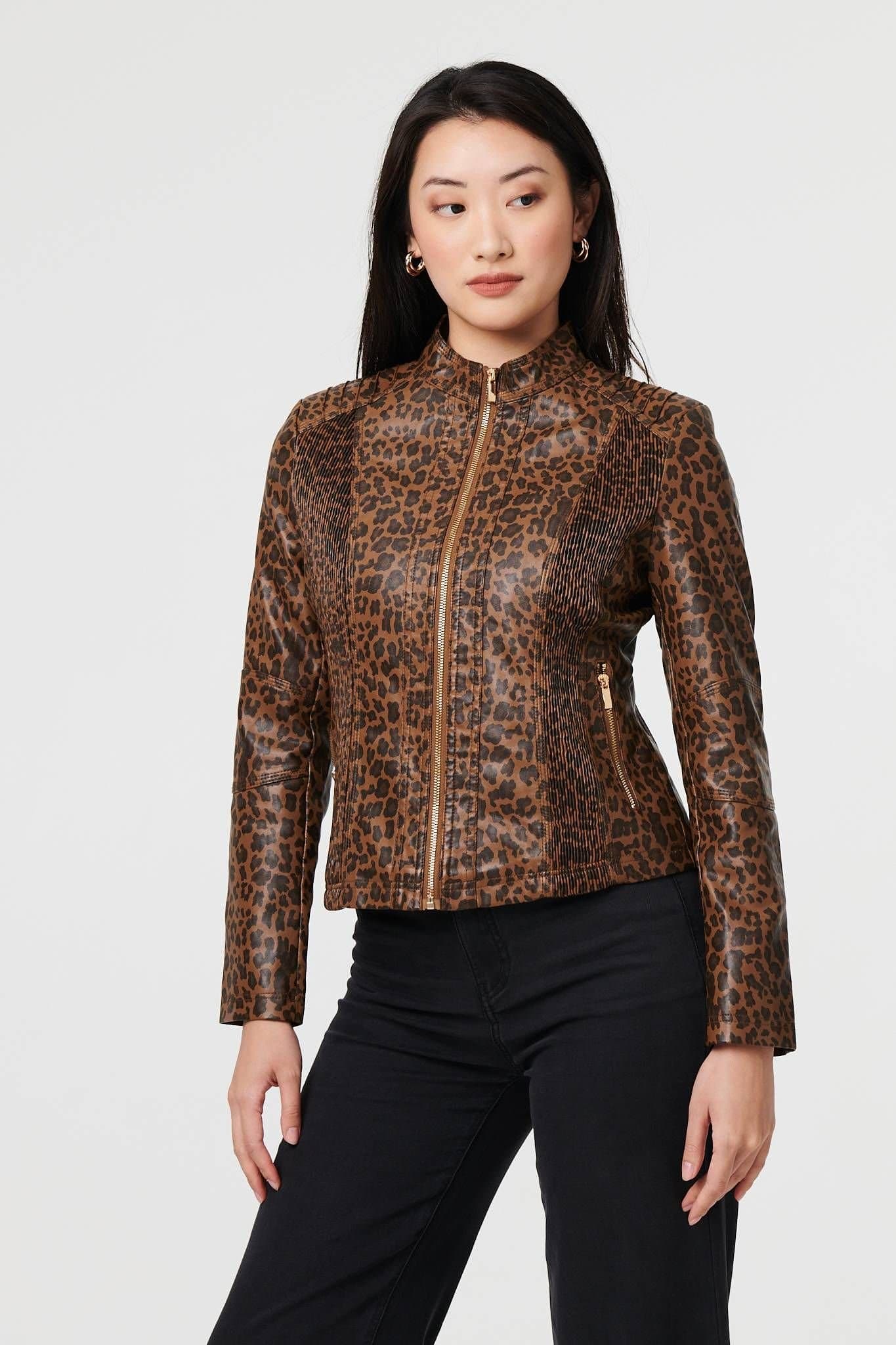 Izabel London Izabel London Brown Animal Print Faux Leather Jacket
