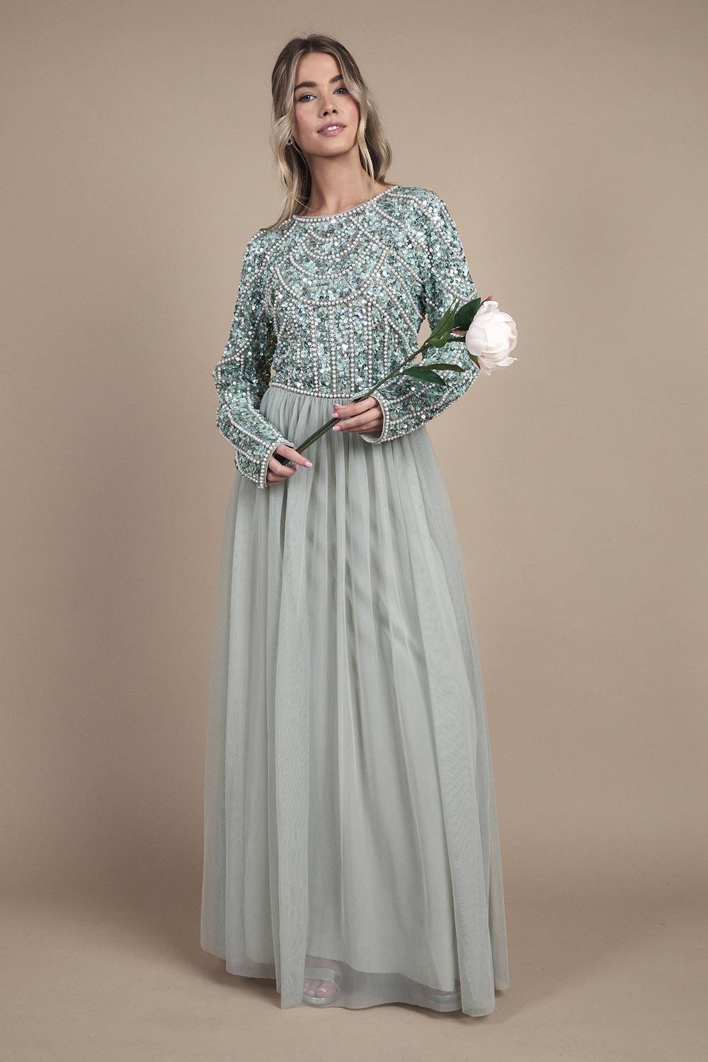 Coast Coast Women's Teen Pearl Embellished Bodice Bridesmaid Tulle Skirt Dress in Sage - 2