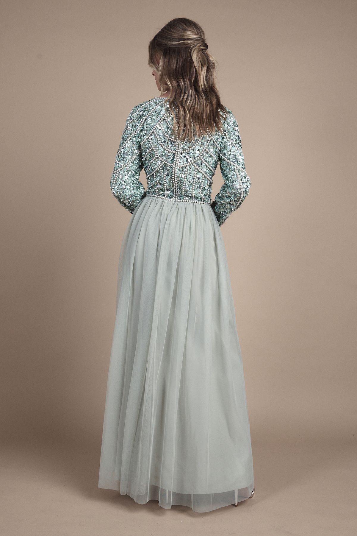 Coast Coast Women's Teen Pearl Embellished Bodice Bridesmaid Tulle Skirt Dress in Sage - 3