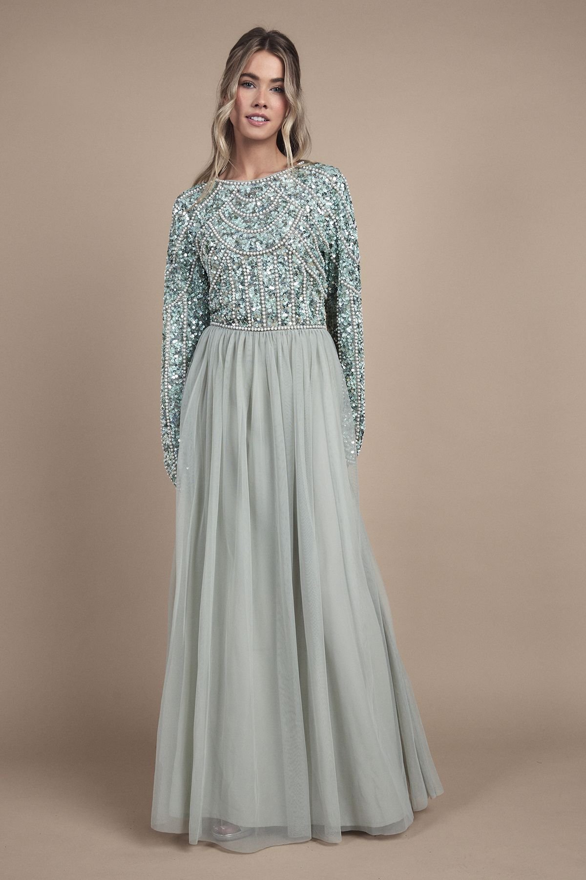 Coast Coast Women's Teen Pearl Embellished Bodice Bridesmaid Tulle Skirt Dress in Sage - 4