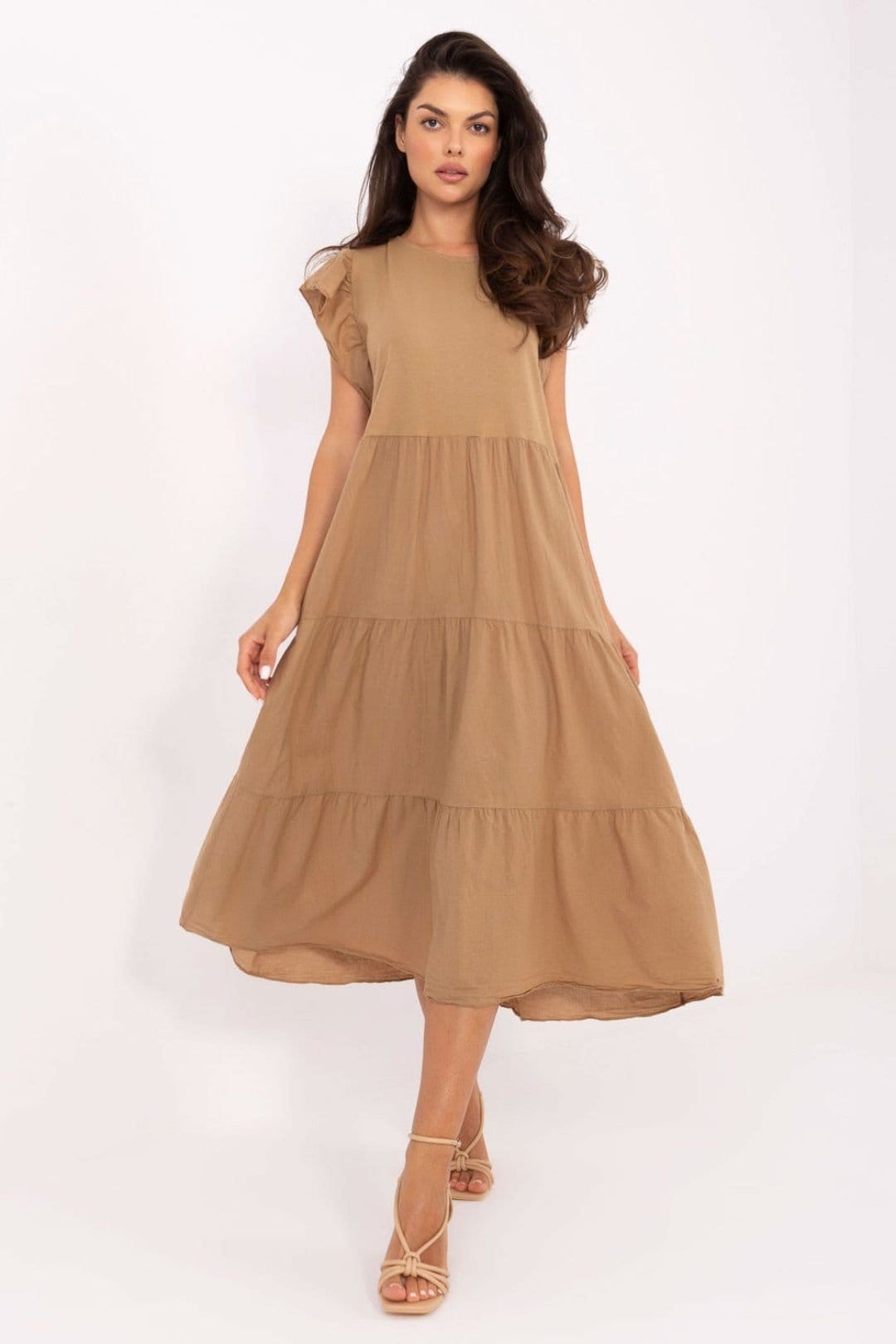 Love Lace Brown Oversized Cotton Midi Dress with Ruffle Sleeves