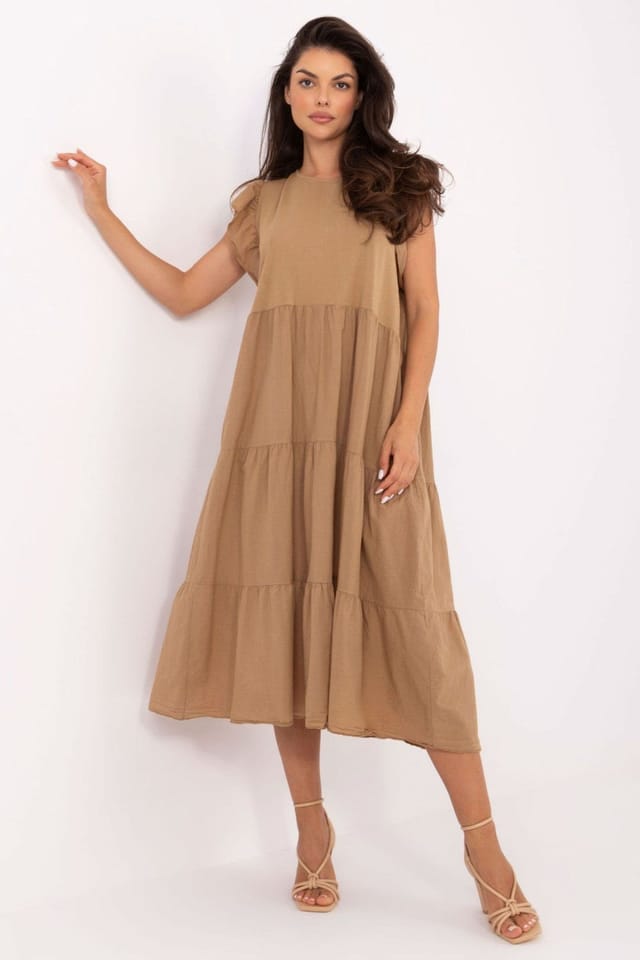 Love Lace Love Lace Women's Oversized Cotton Midi Dress with Ruffle Sleeves in Brown - 2