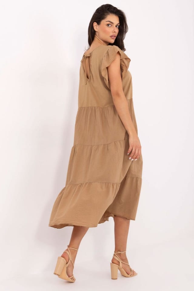 Love Lace Love Lace Women's Oversized Cotton Midi Dress with Ruffle Sleeves in Brown - 3