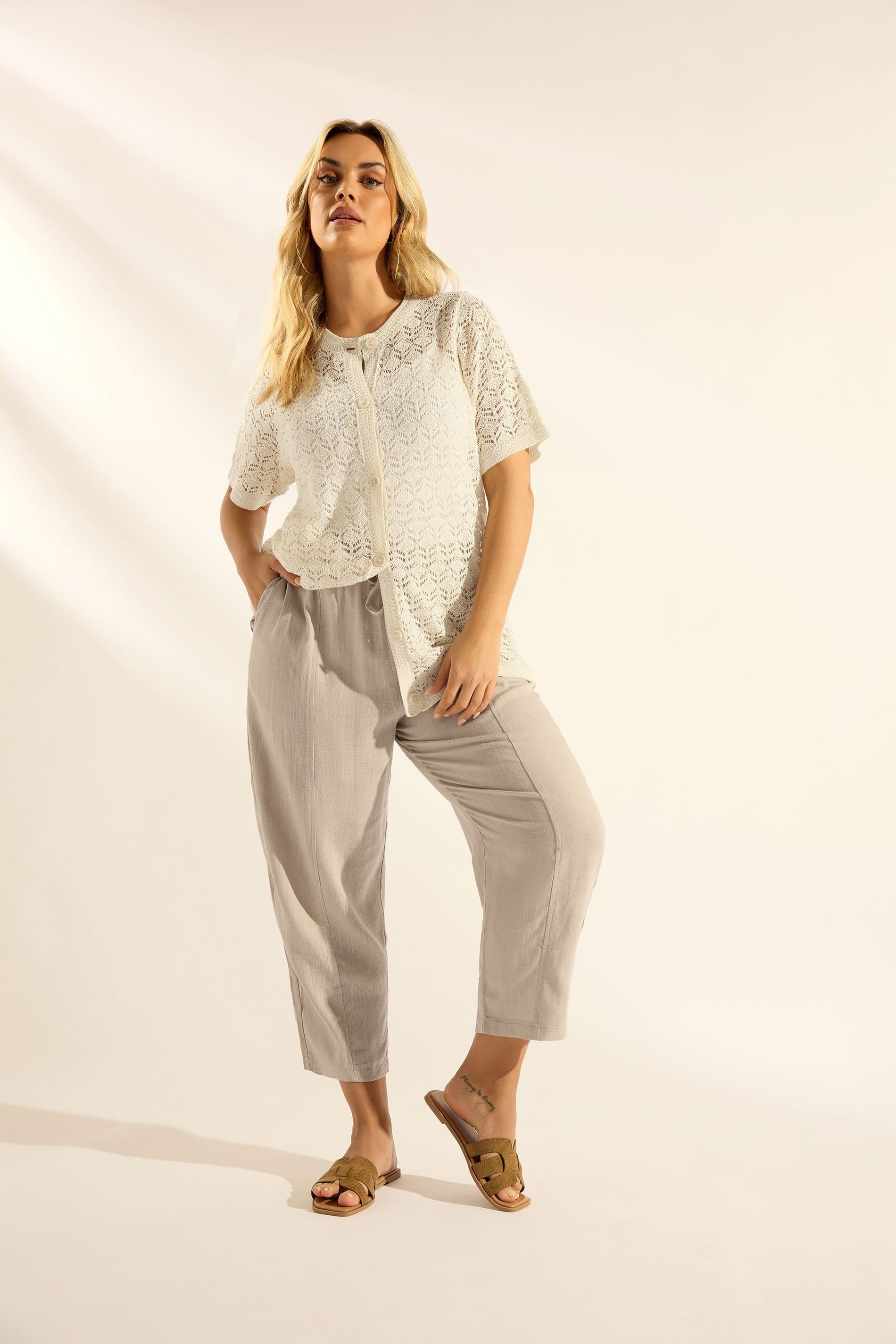 Yours Plus Size Natural Brown Barrel Leg Linen Trousers