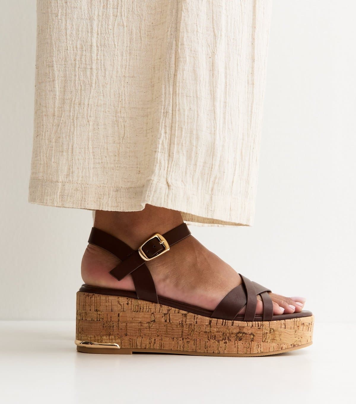 New Look Women's Dark Brown Faux Leather Cross Over Strap Cork Flatform Sandals Vegan New Look