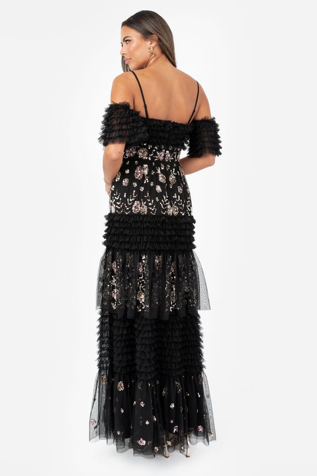 Maya Deluxe Maya Deluxe Women's Embellished Ruffle Bardot Maxi Dress in Black - 2