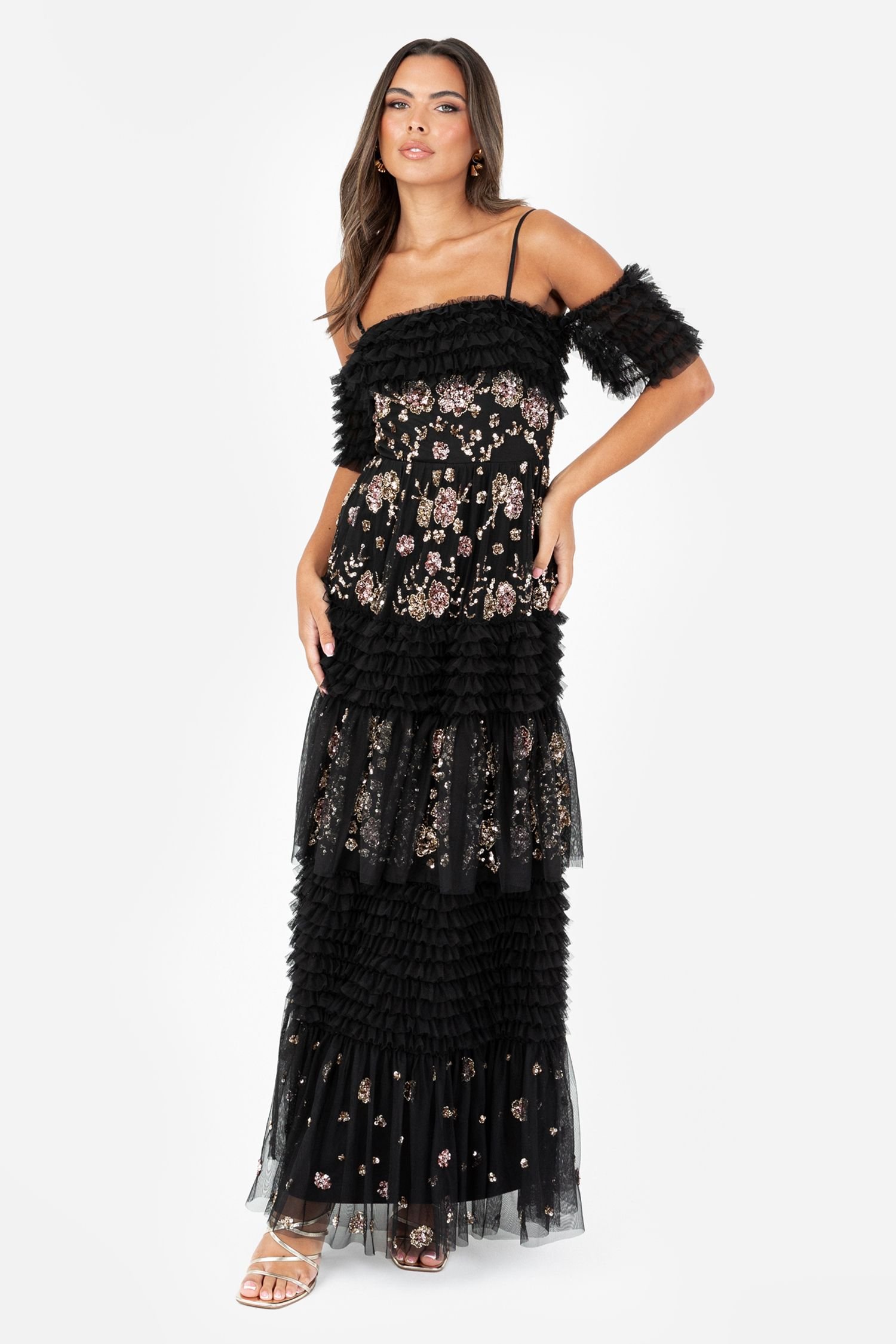 Maya Deluxe Maya Deluxe Women's Embellished Ruffle Bardot Maxi Dress in Black - 3