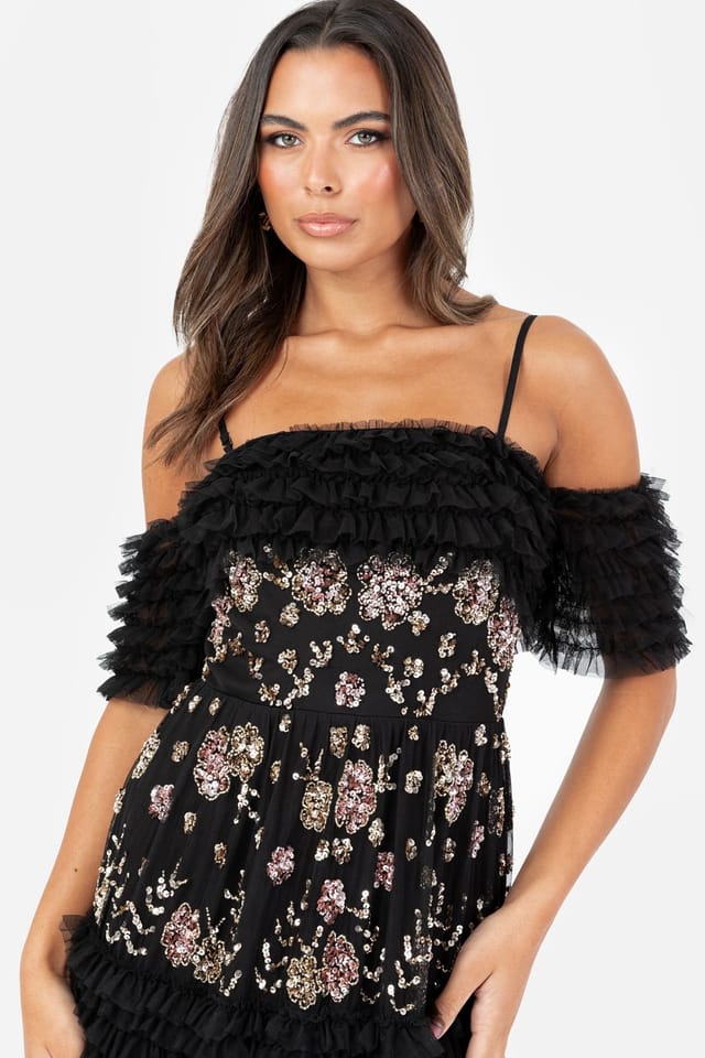 Maya Deluxe Maya Deluxe Women's Embellished Ruffle Bardot Maxi Dress in Black - 3