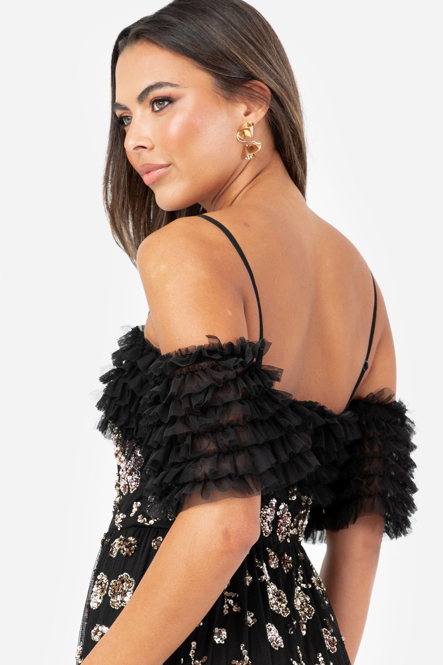 Maya Deluxe Maya Deluxe Women's Embellished Ruffle Bardot Maxi Dress in Black - 4