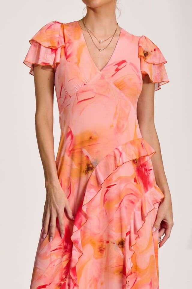 Jolie Moi Jolie Moi Women's Cap Sleeve Ruffle Mesh Maxi Dress in Orange - 3