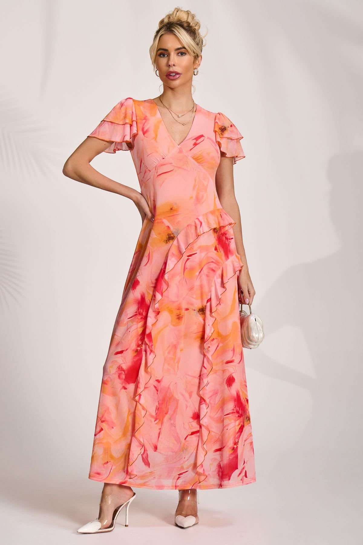 Jolie Moi Jolie Moi Women's Cap Sleeve Ruffle Mesh Maxi Dress in Orange - 4