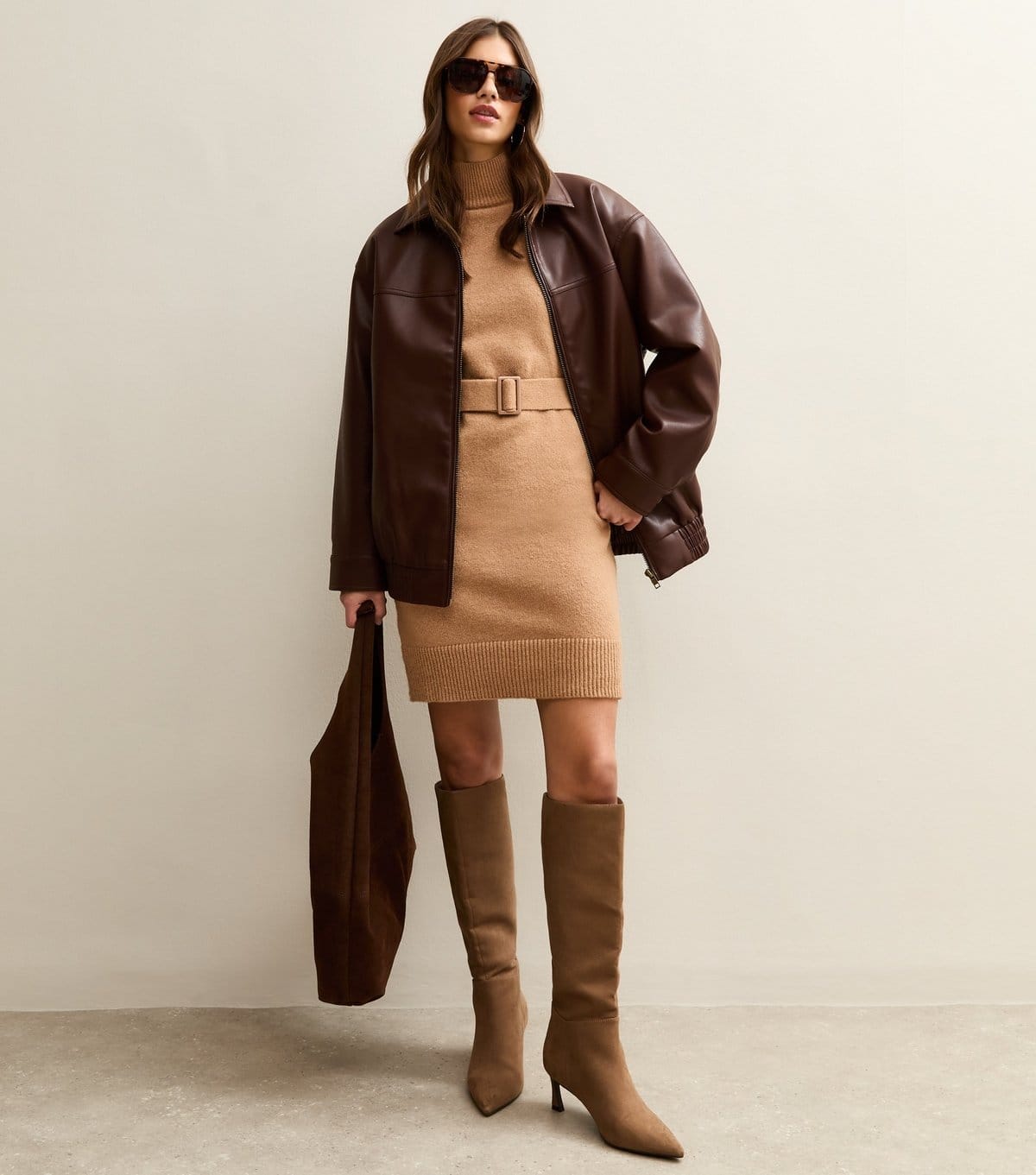 New Look Camel High Neck Belted Mini Dress