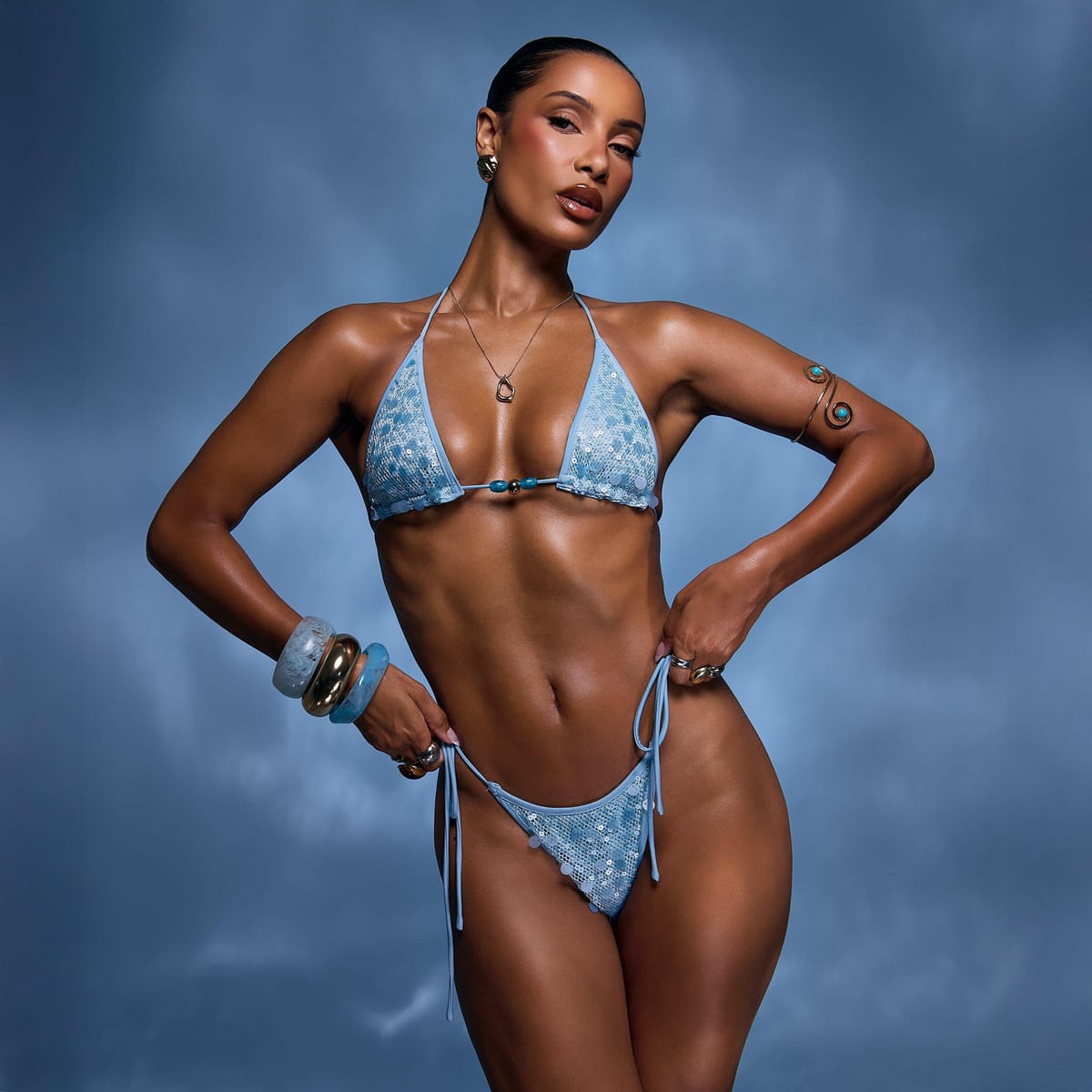 EGO Triangle Tie Side Beaded Detail Bikini Set In Blue Sequin, Women's Size UK 6 - 1