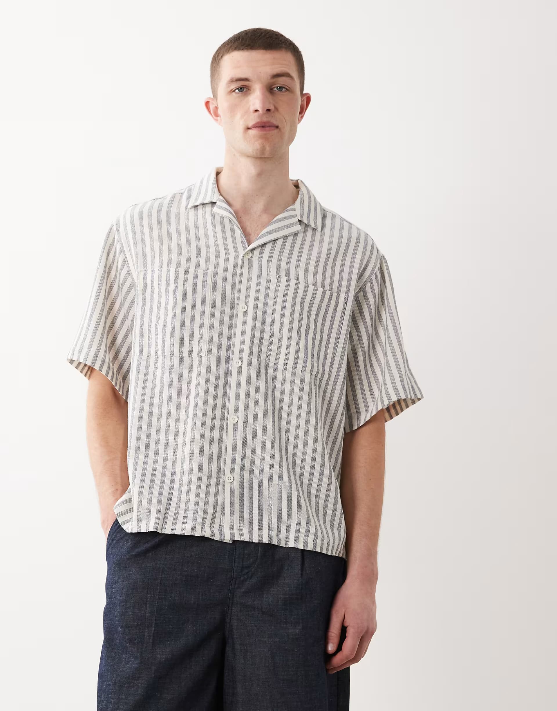 ASOS ASOS DESIGN boxy oversized crochet stripe shirt in beige