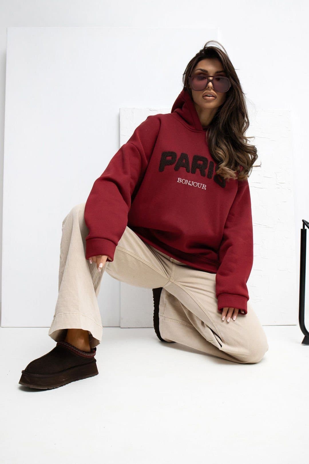 Love Lace Love Lace Women's Embroidered Hooded Cotton Elastane Sweatshirt in Red