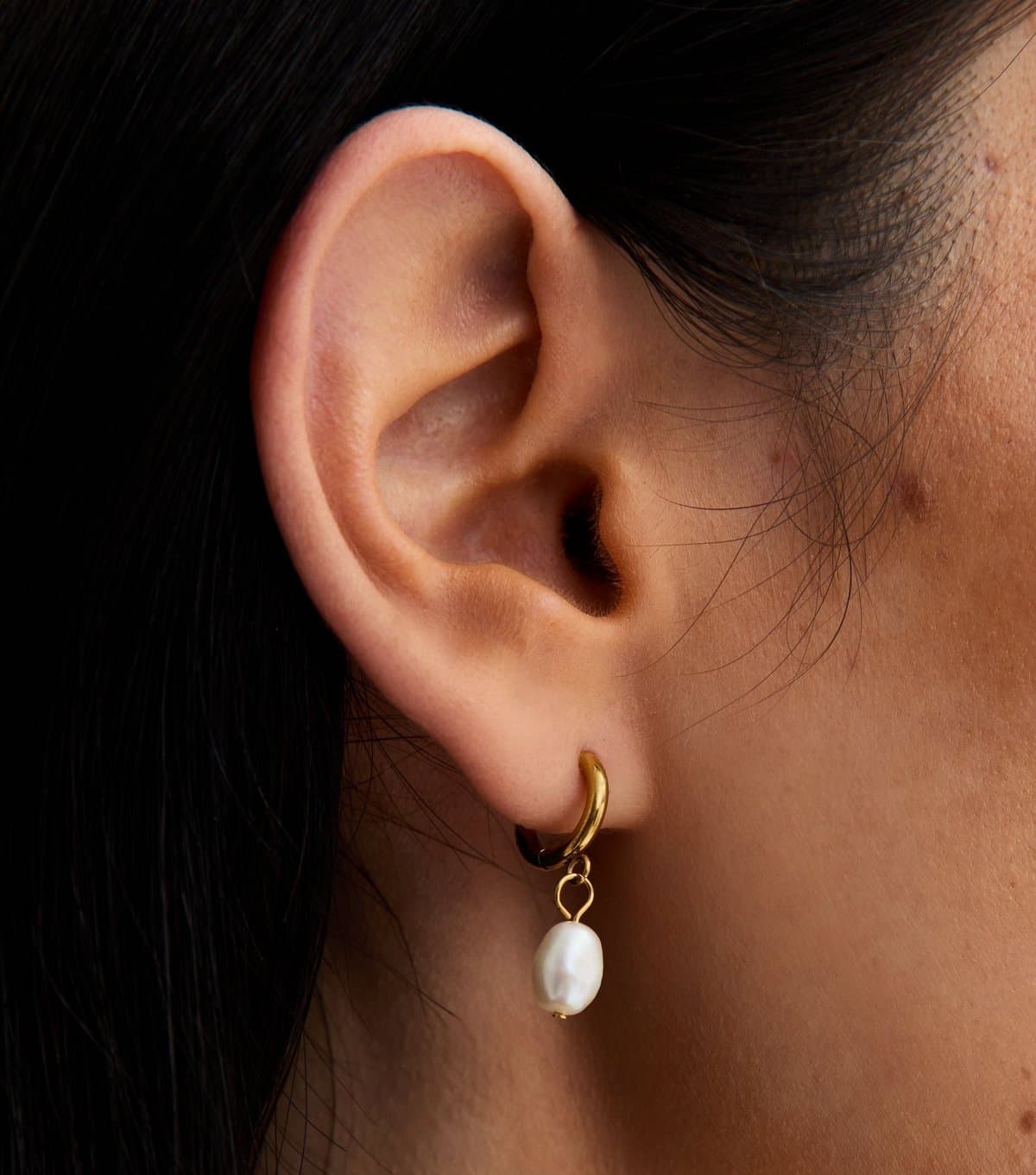 New Look Gold Tone Waterproof Faux Pearl Huggie Hoop Earrings New Look