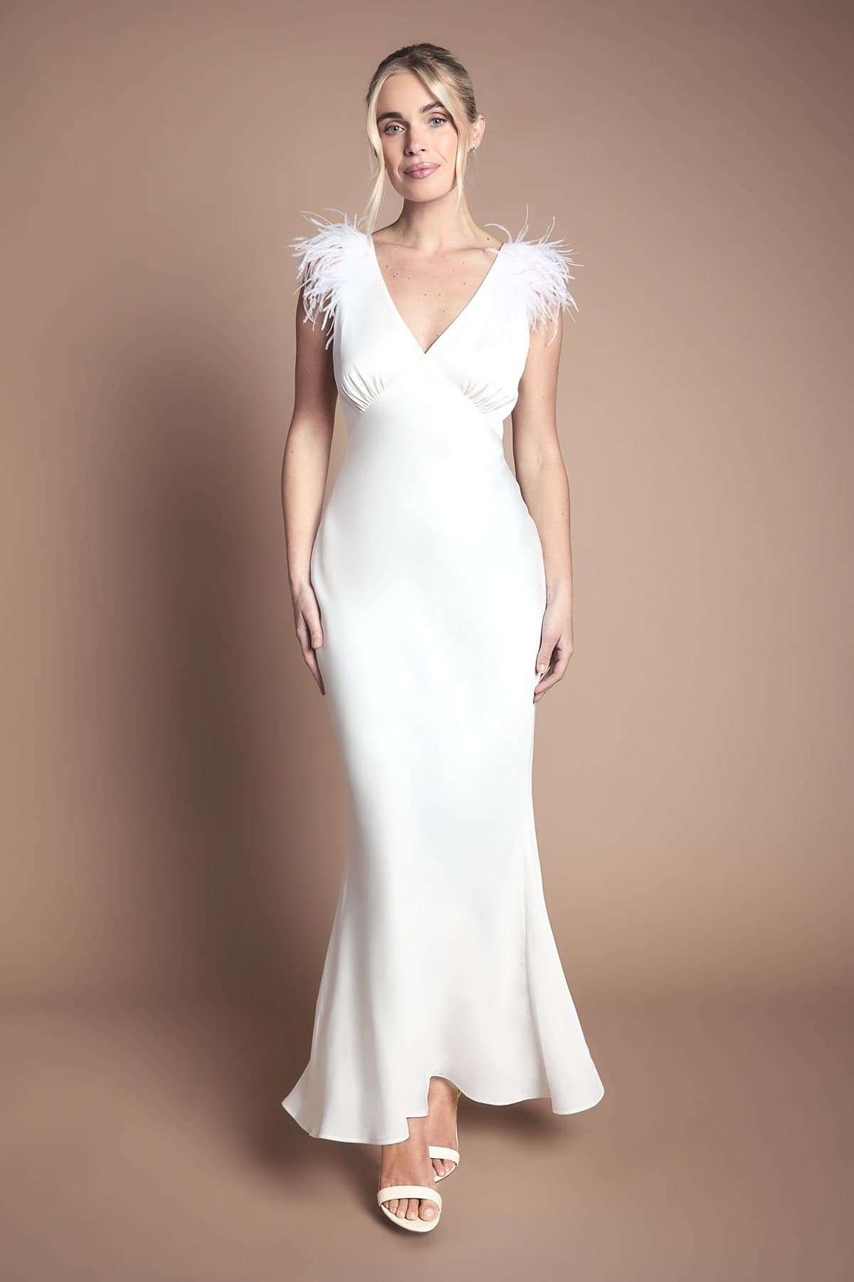 Coast Coast Women's Petite Feather Shoulder Detail V Neck Satin Wedding Dress in Ivory