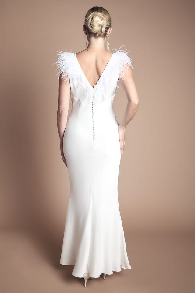 Coast Coast Women's Petite Feather Shoulder Detail V Neck Satin Wedding Dress in Ivory - 3