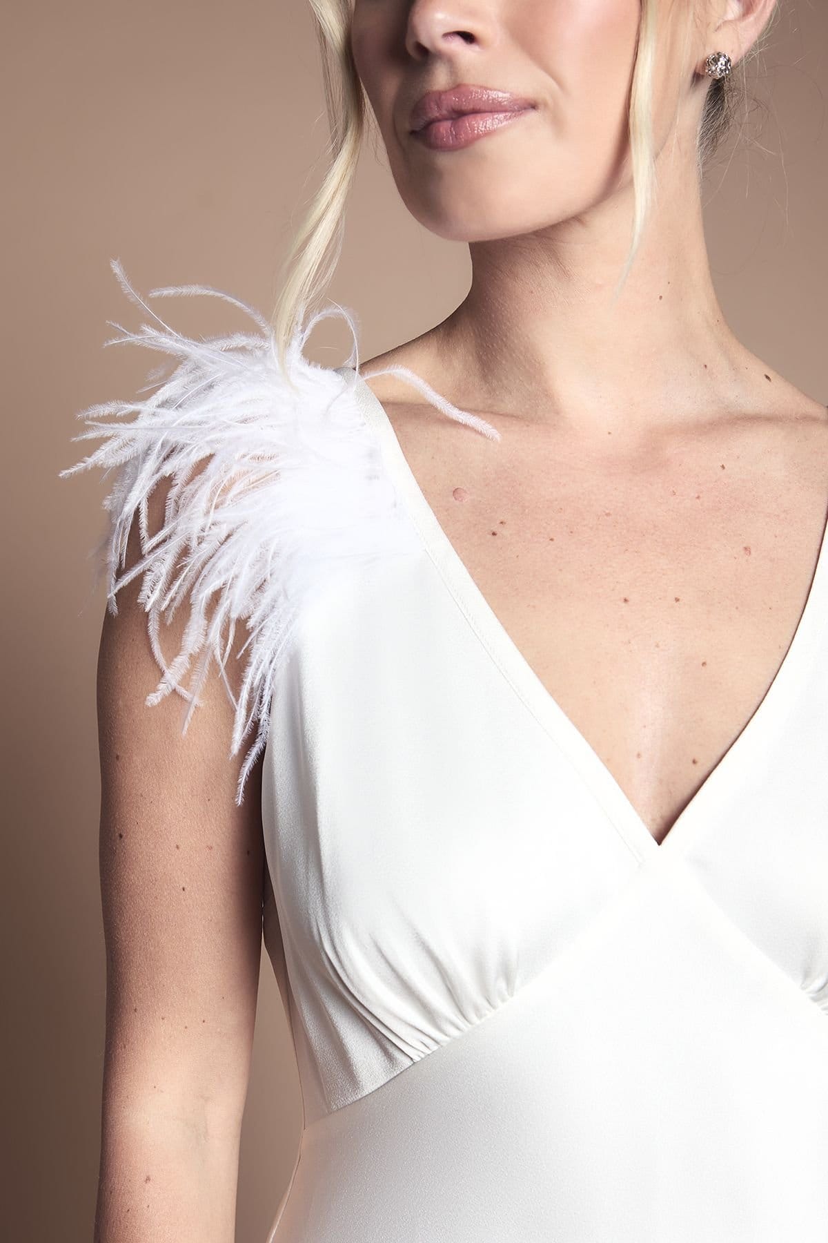 Coast Coast Women's Petite Feather Shoulder Detail V Neck Satin Wedding Dress in Ivory - 4