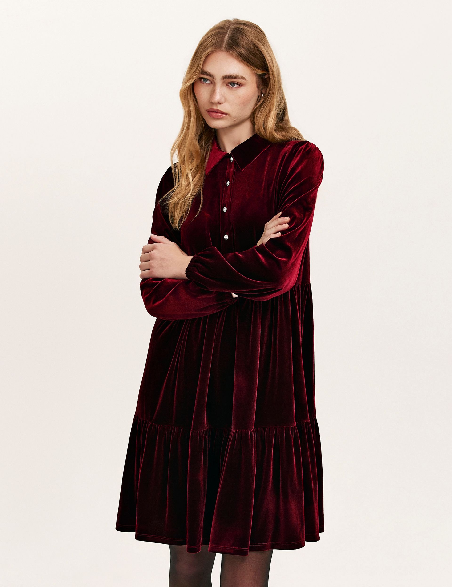 Finery London Finery London Women's Rosanna Velvet Mini Shirt Dress in Wine - 2