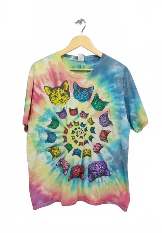 Fruit of the Loom Fruit of the Loom Multicolor Rainbow Tie Dye Cats Spiral Graphic T-Shirt Men's Size Large Retro