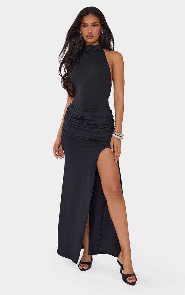EGO Racer Neck Draped Ruched Detail Maxi Dress In Black, Women's Size UK 6 - 2