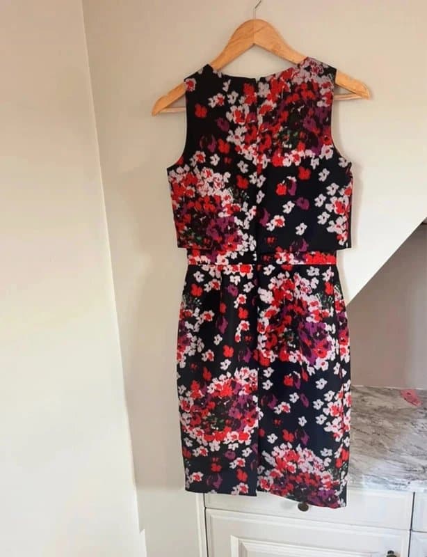 Hobbs Hobbs Black Red Sleeveless Floral Summer Midi Dress Zip Back Special Occasion Size 8