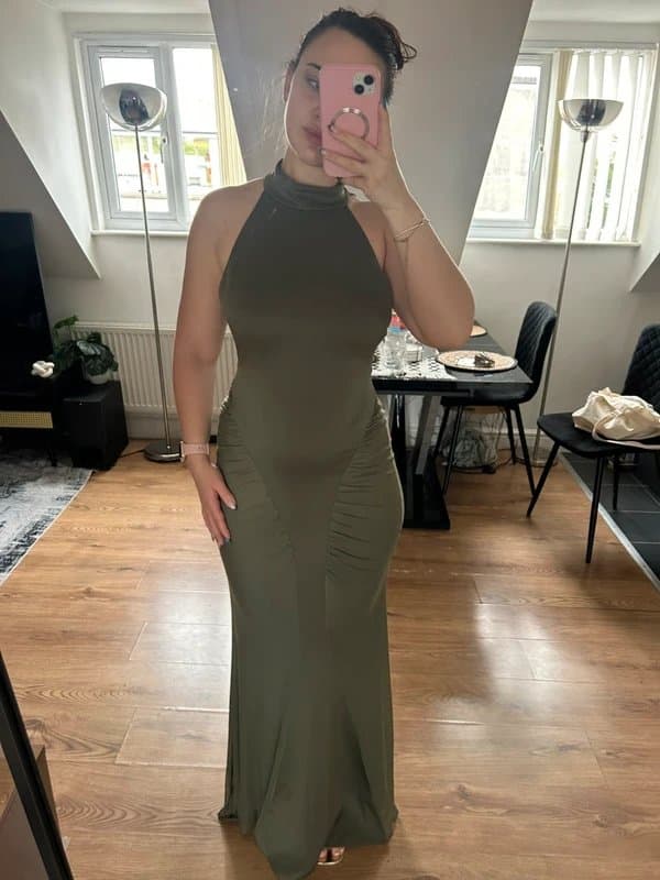 ASOS Design ASOS design khaki high neck dress super ruched