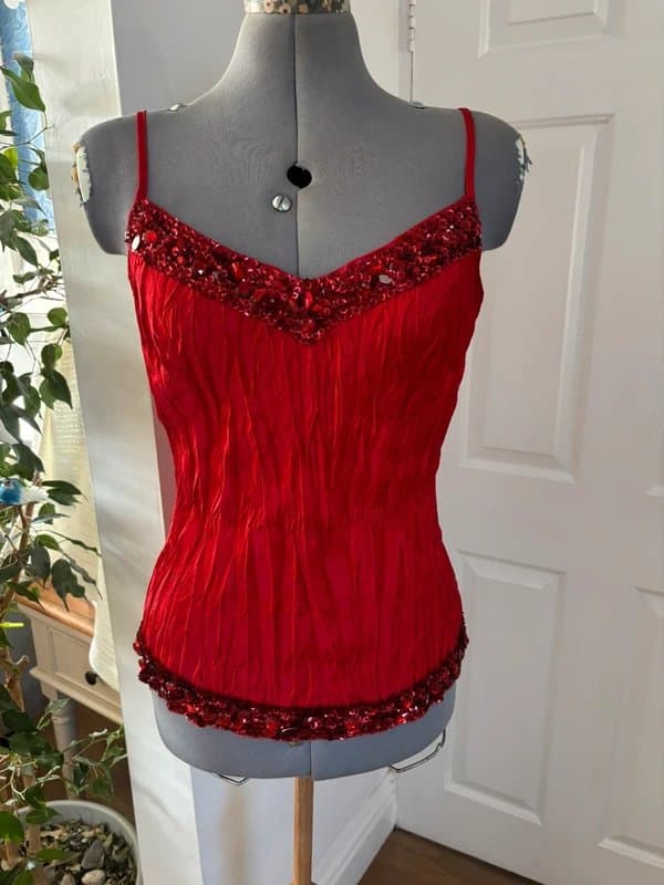 Vintage Dressing Vintage Y2K New Look Red Satin Crinkle Embellished Cami Size uk10/12