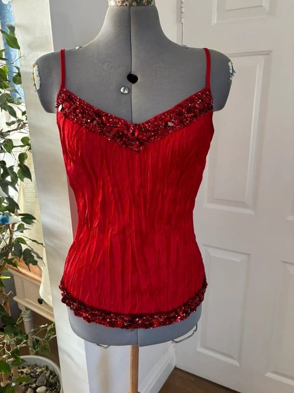 Vintage Dressing Red Satin Crinkle Embellished Cami